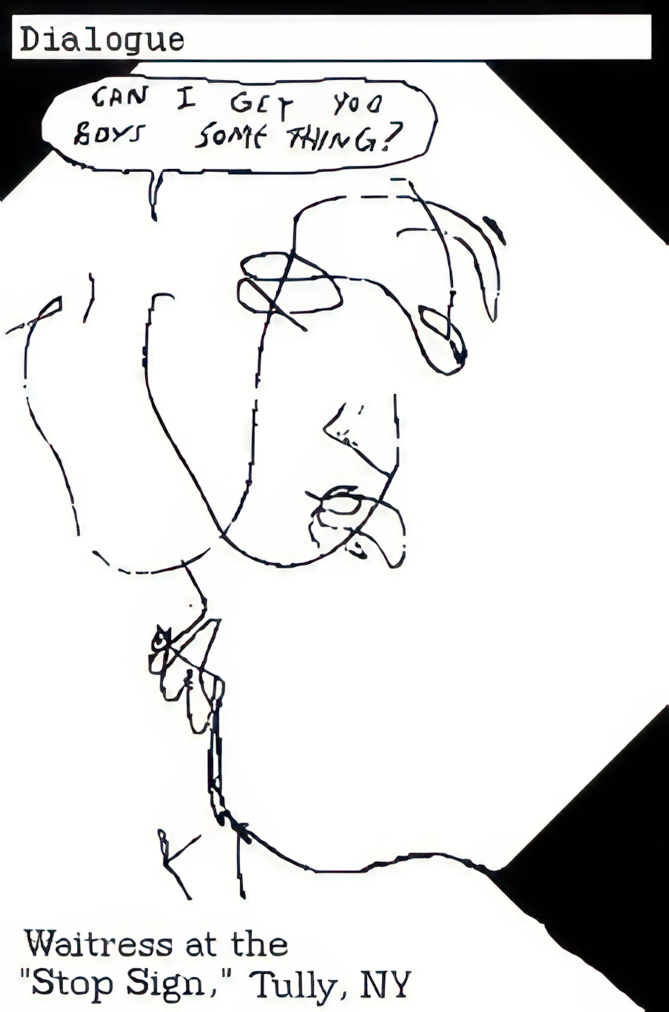 A waitress at the stop sign with her tongue out