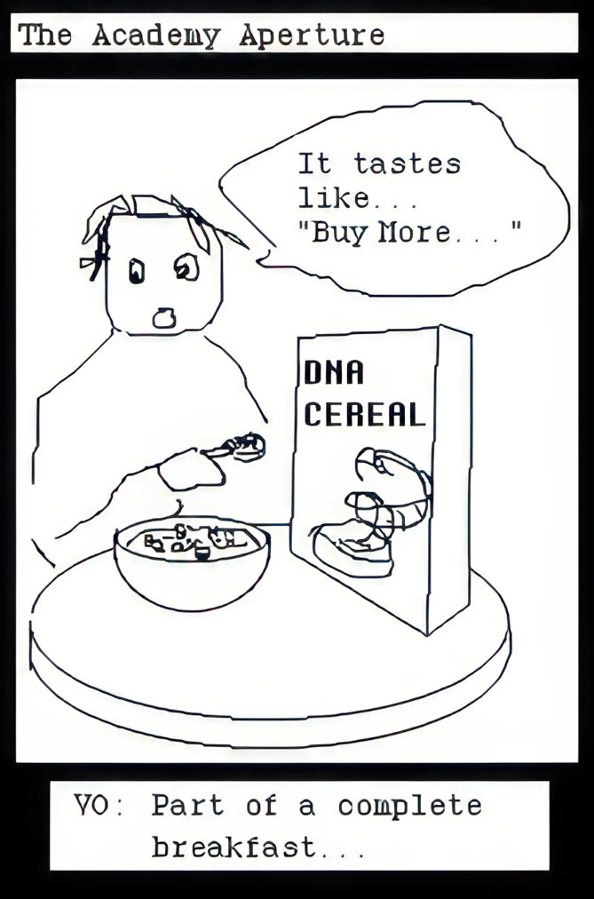 A drawing of a boy eating cereal saying it tastes like&hellip; buy more&hellip; Caption: VO: Part of a complete breakfast&hellip;