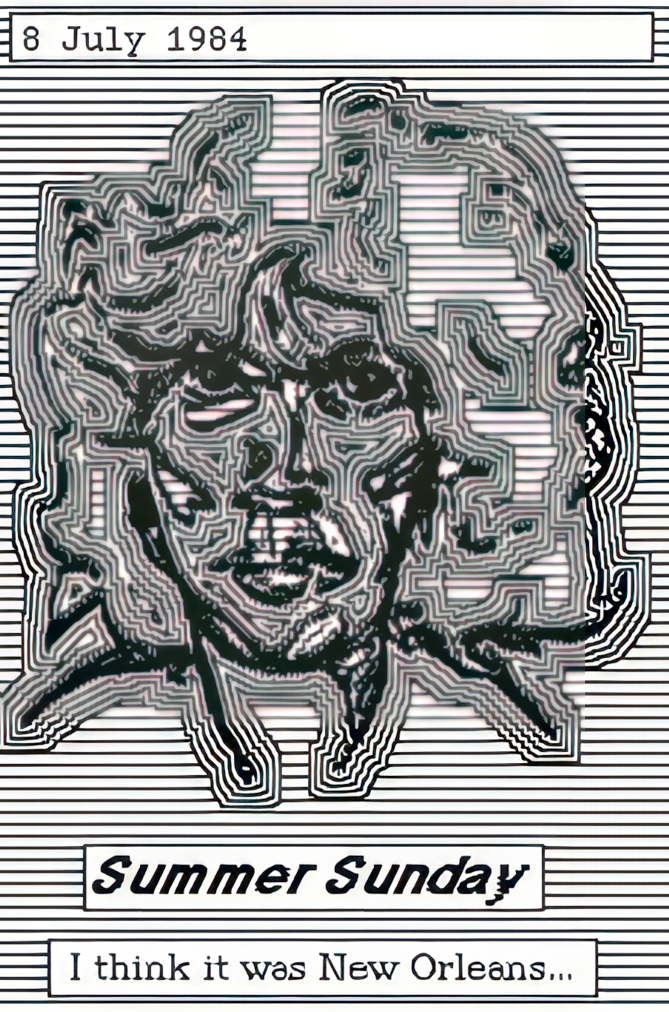 A lined medusa drawing. Caption: Summer Sunday. I think it was New Orleans&hellip;
