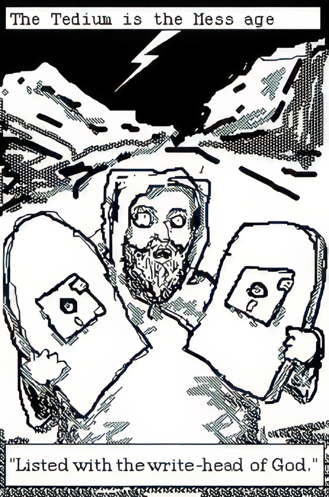 Moses holding the two stones. Caption: Listed with the write-head of God.