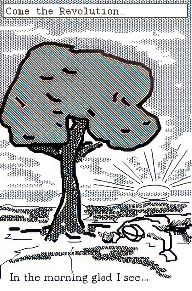 A sketch of a tree and the sun coming up. sketch a person lying on the ground. Caption: In the morning glad I see&hellip;